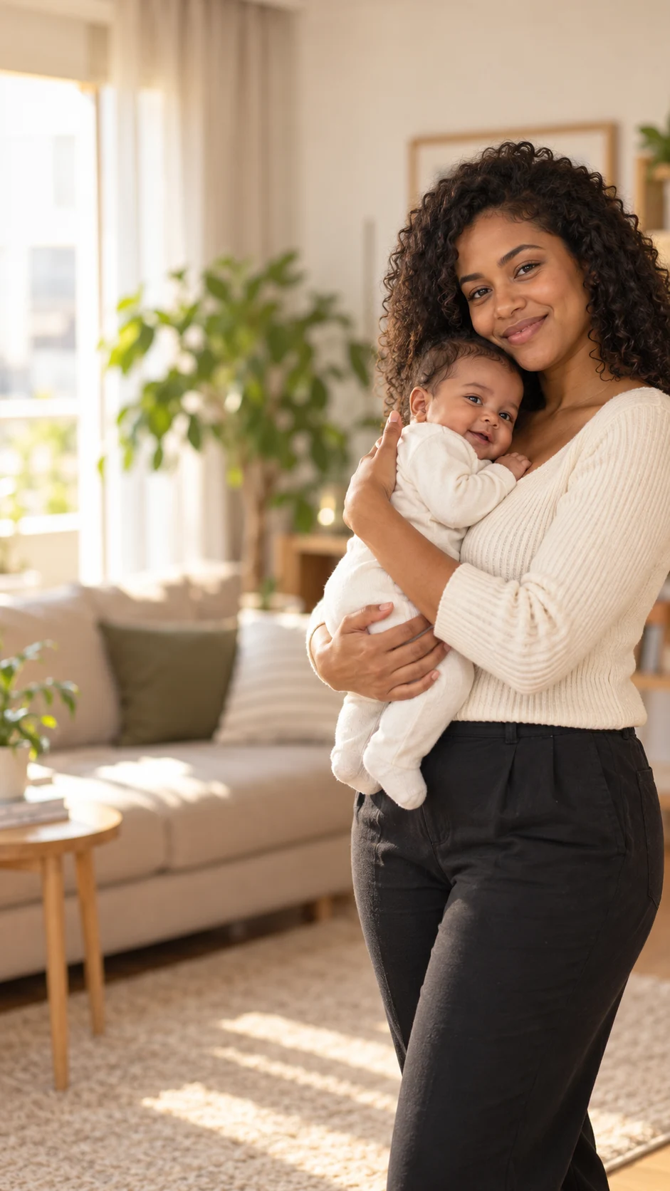 Fotografia ilustrativa de uma mãe com blusa clara, sorrindo com seu bebê no colo, em uma sala confortável.